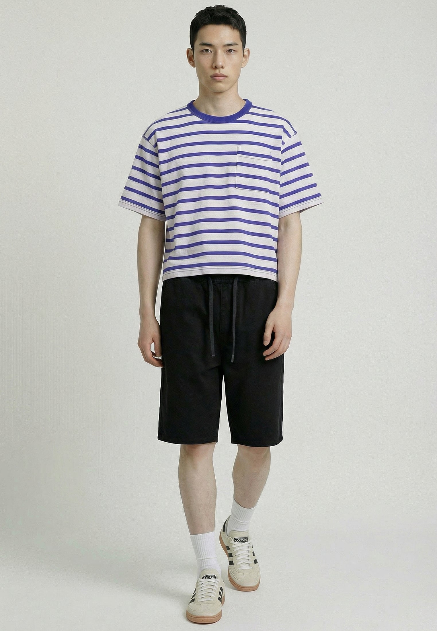 STRIPE CROP BOX T-SHIRT WHITE & BLUE