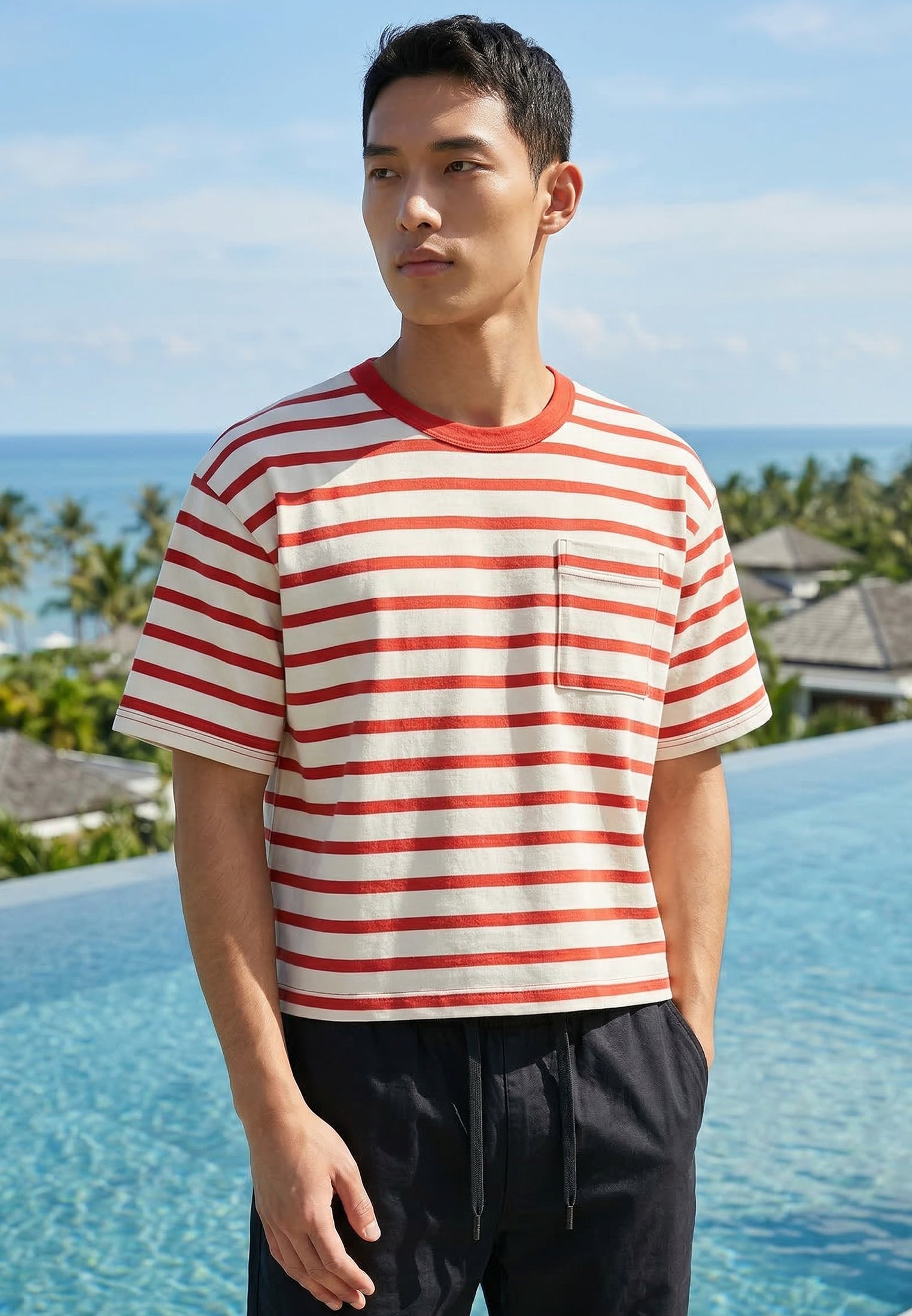STRIPE CROP BOX T-SHIRT WHITE & RED