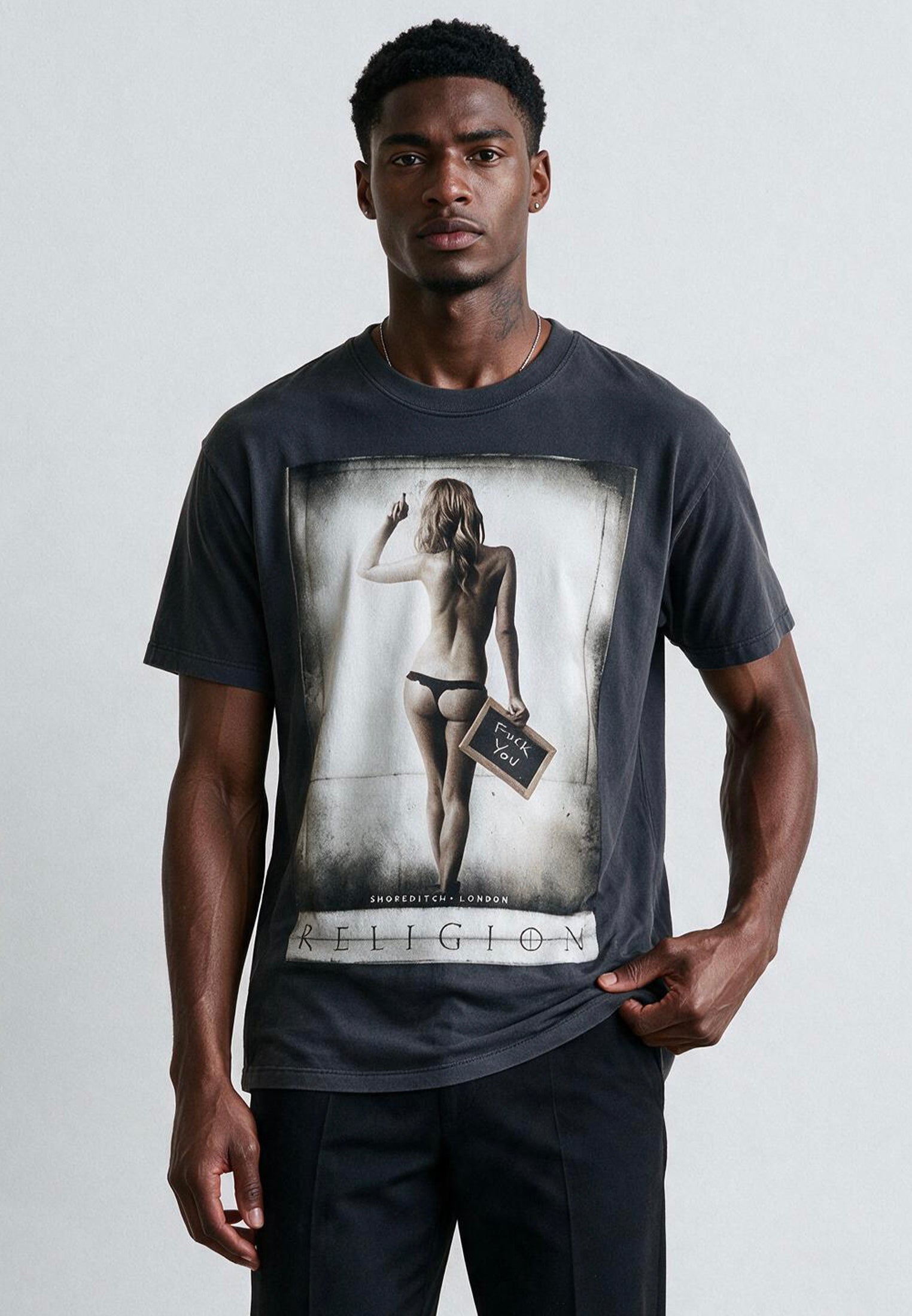 F-YOU T-SHIRT WASHED BLACK CURVED HEM