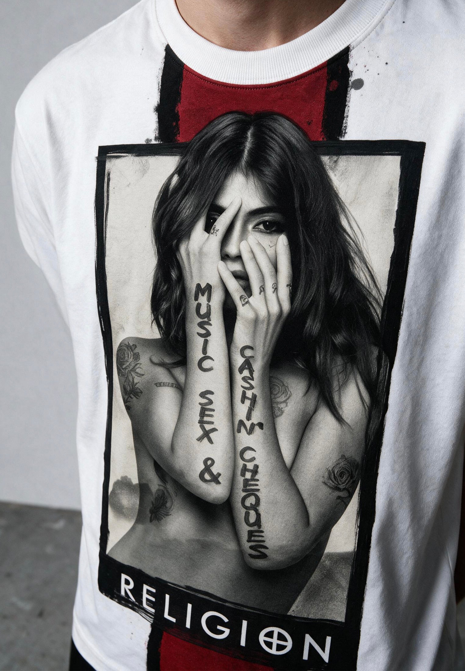 RELIGION Music Sex And Cashin Cheques White Graphic T-Shirt