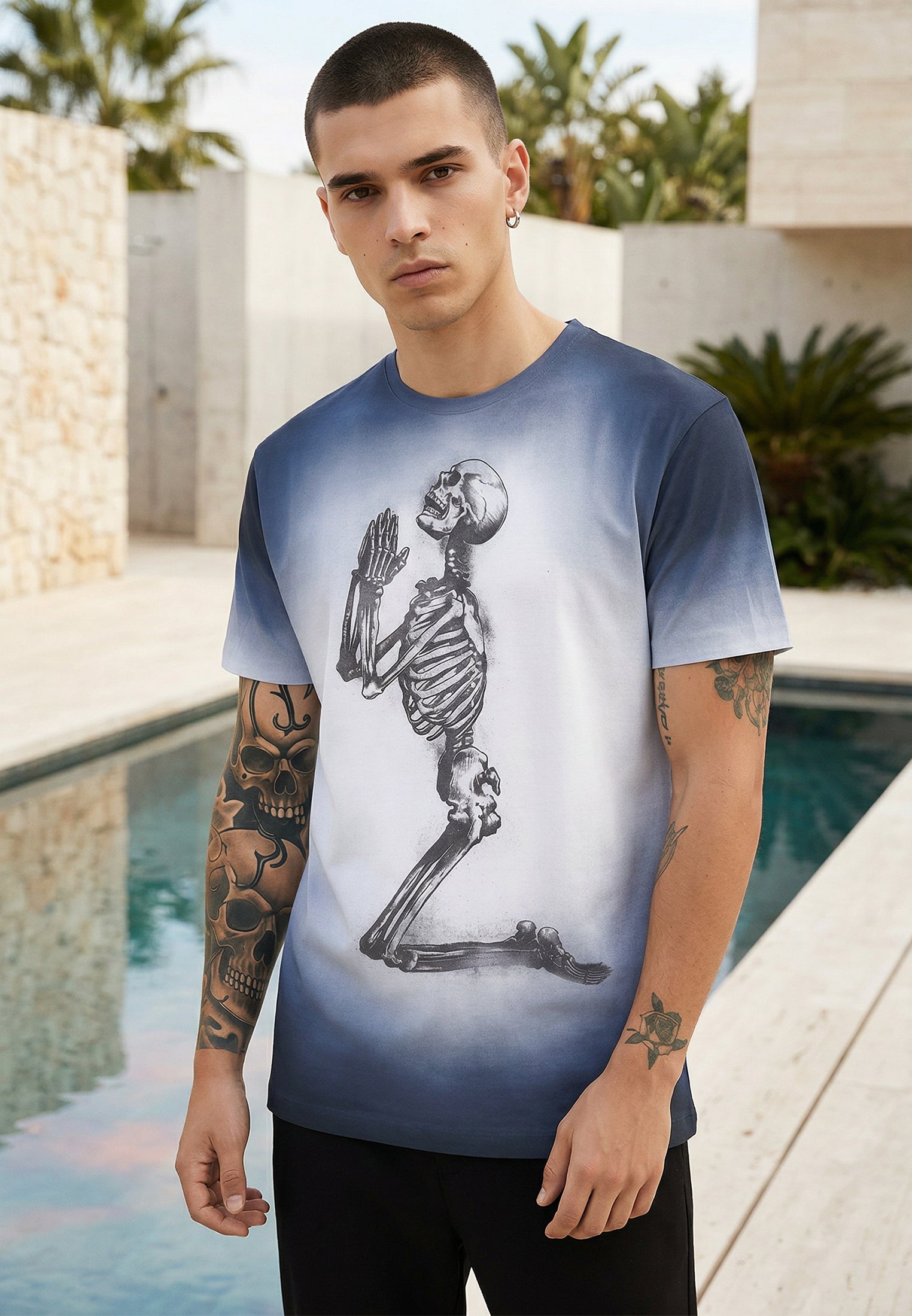 PRAYING SKELETON T-SHIRT BLUE