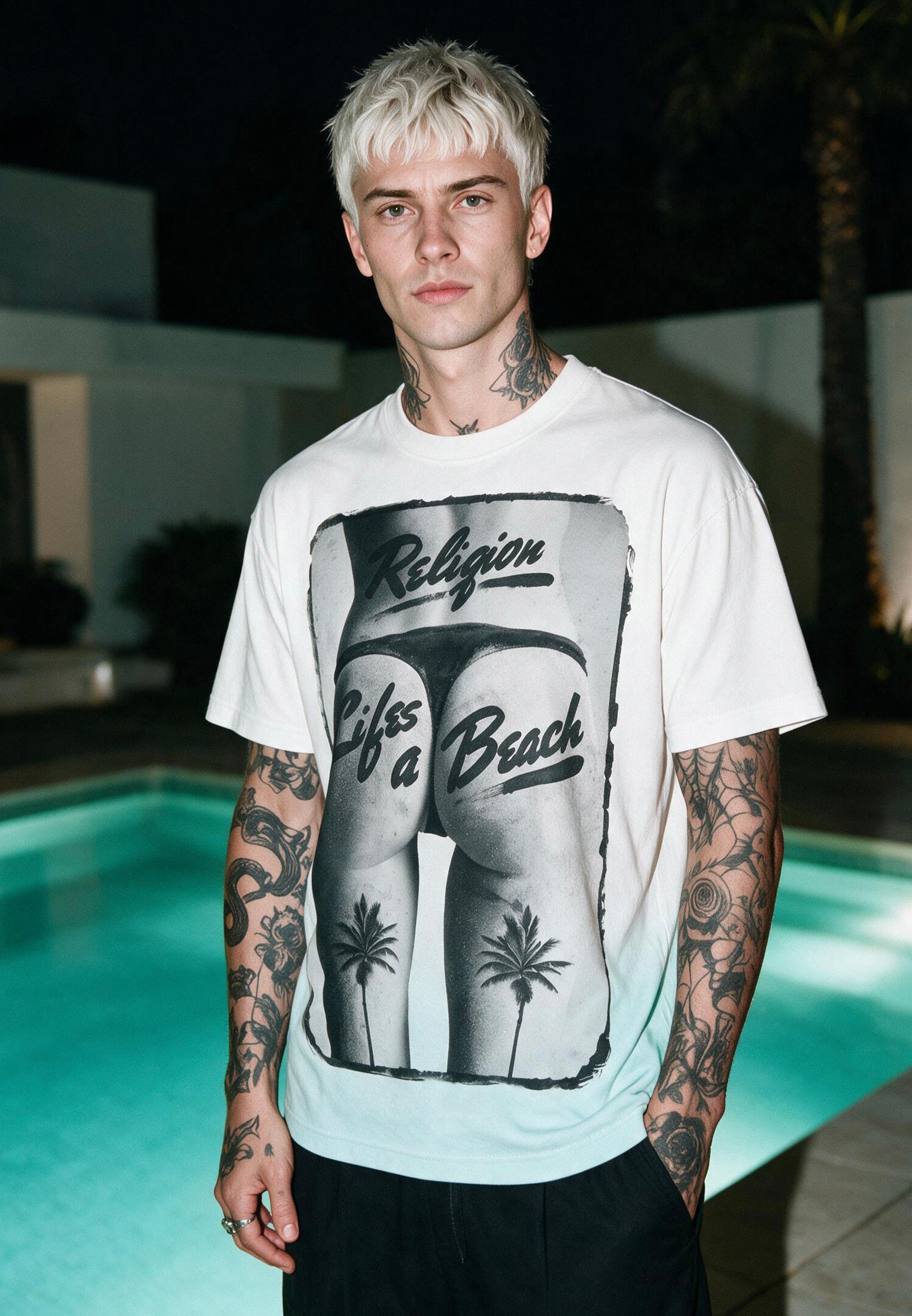 LIFES A BEACH WHITE & PALE BLUE T-SHIRT