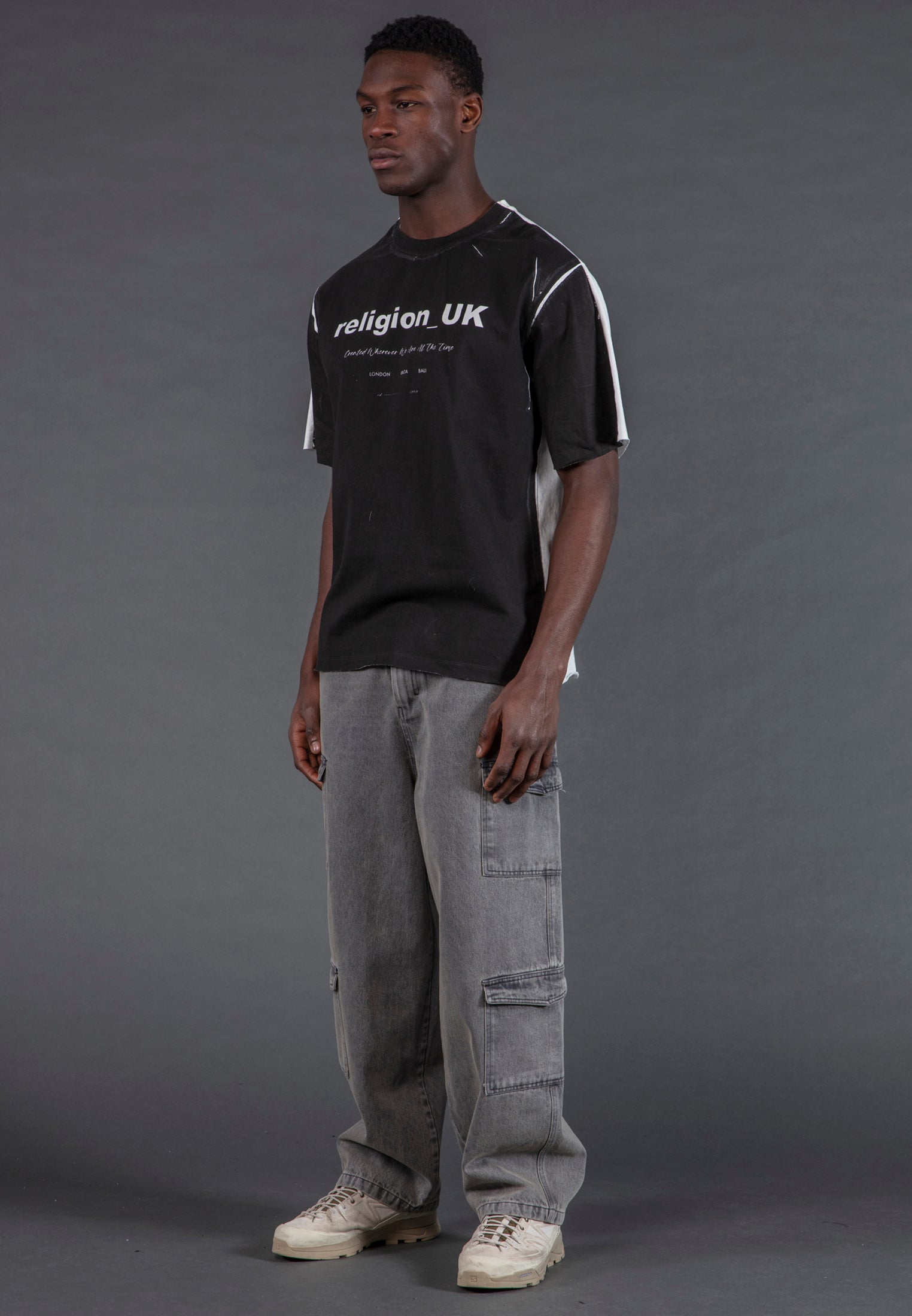BLOCK PRINT T-SHIRT WASHED BLACK & OFF WHITE