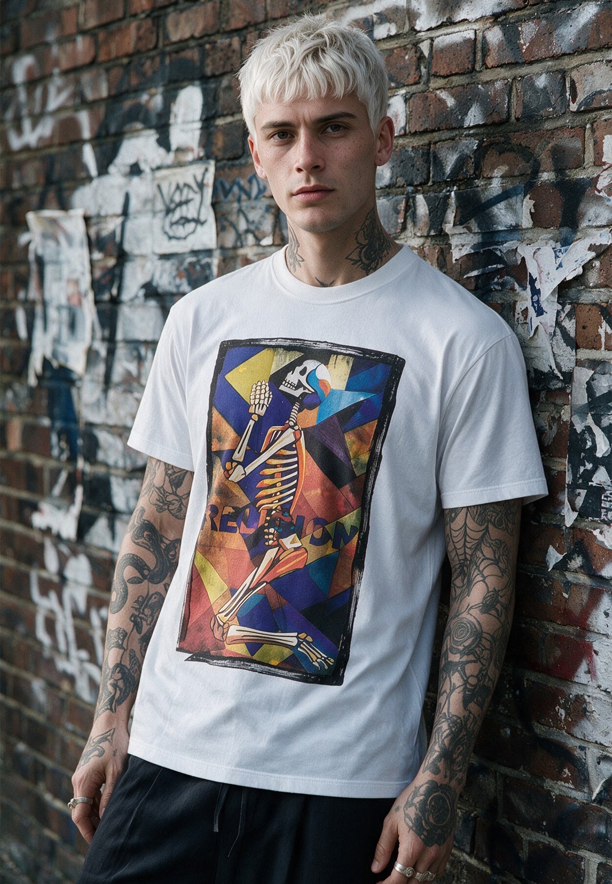 PRAYING SKELETON CUBISM T-SHIRT WHITE