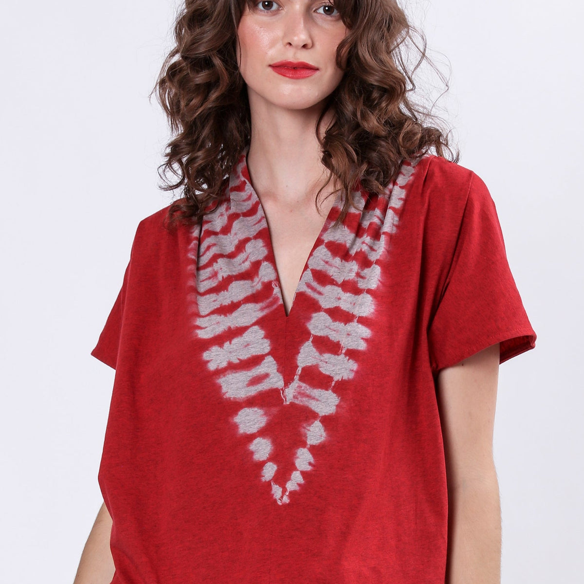 MBJ Women's Tie-Dye Tunic Top - Rayon Jersey, V-Neck, Handkerchief Hem, Made In USA