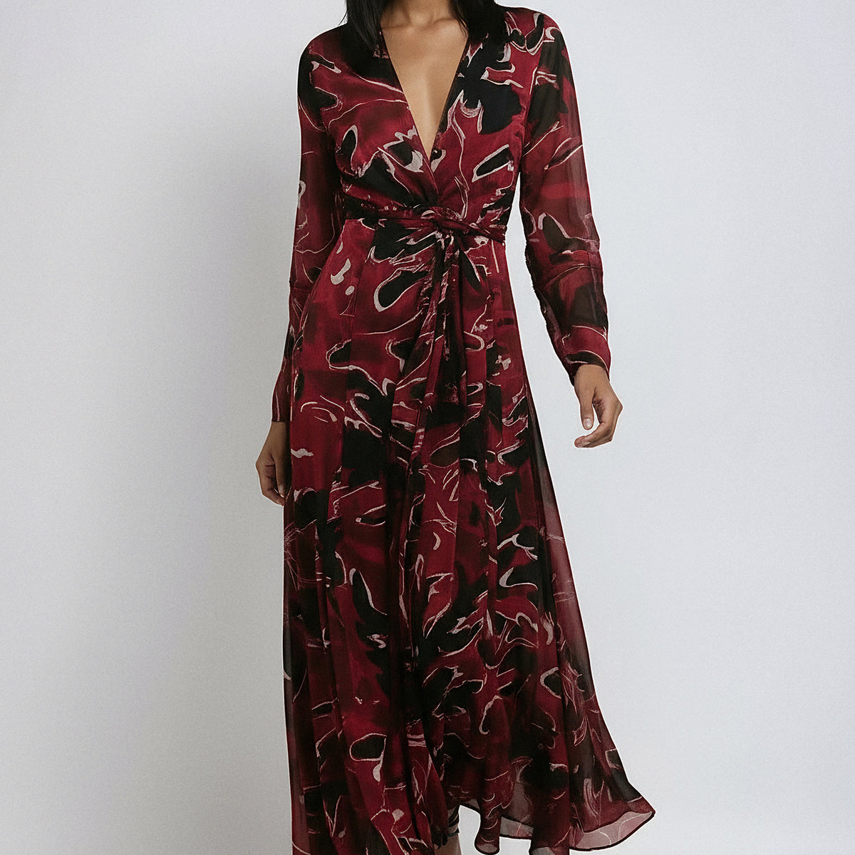 strapless open back dress RELIGION Flash Red Camo Leaf Printed Maxi Dress