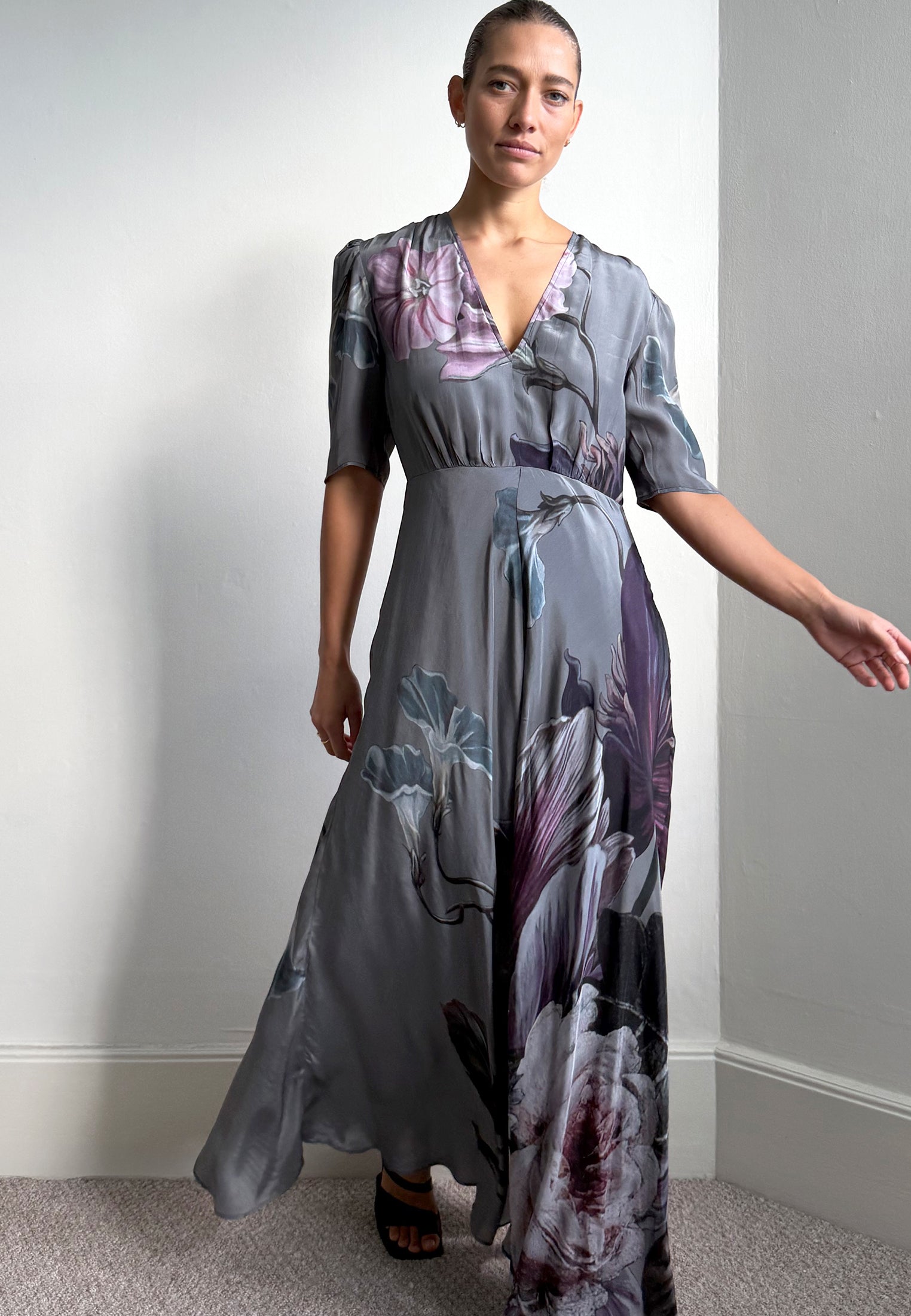ENID MAXI TEA DRESS FLORAL TAUPE