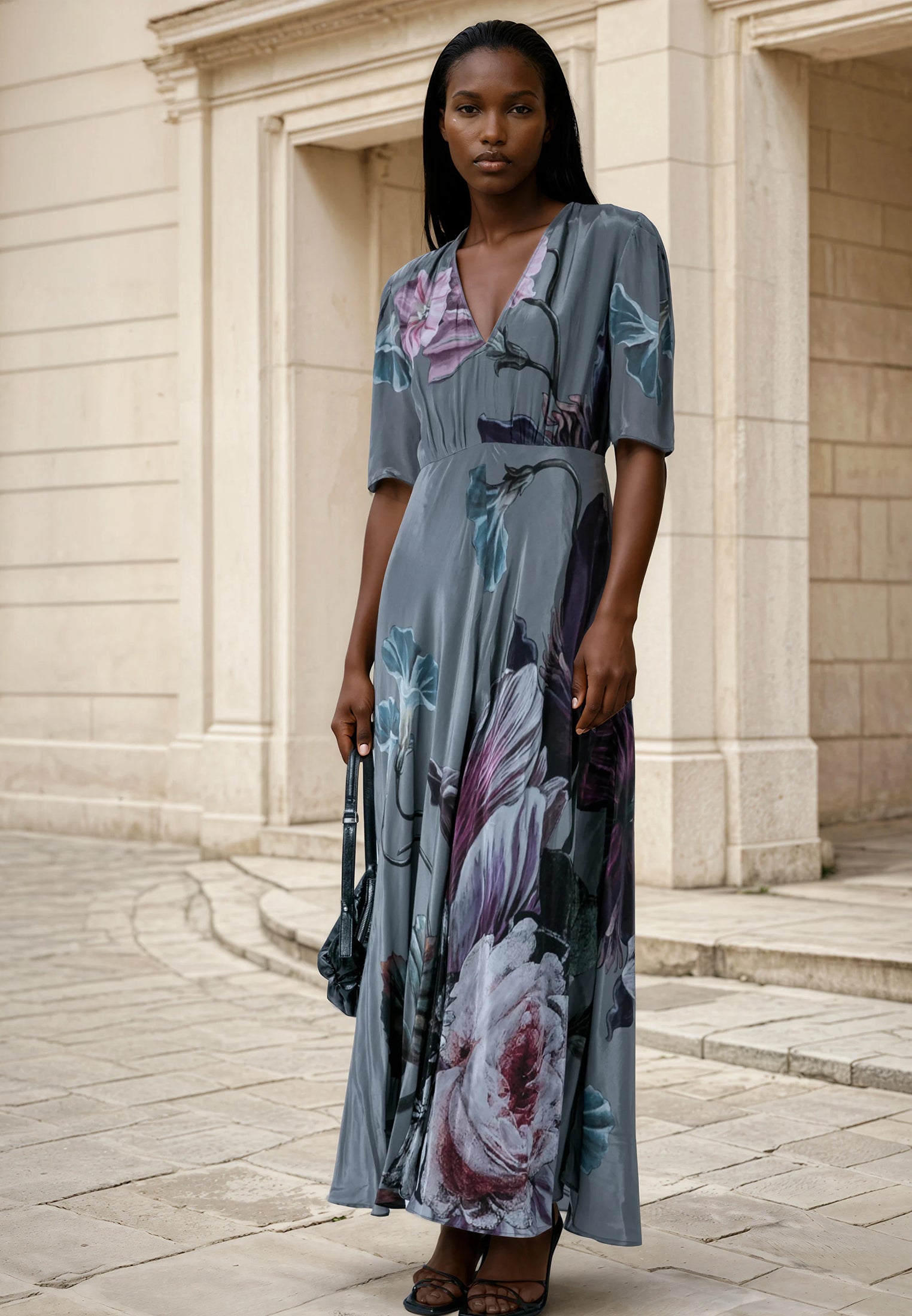 ENID MAXI TEA DRESS FLORAL TAUPE