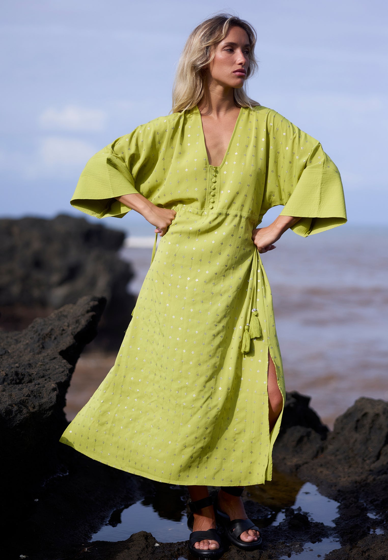 RELIGION Lime Green Sequin Dress Helena Kaftan RELIGION Lime Green Sequin Dress Helena Kaftan