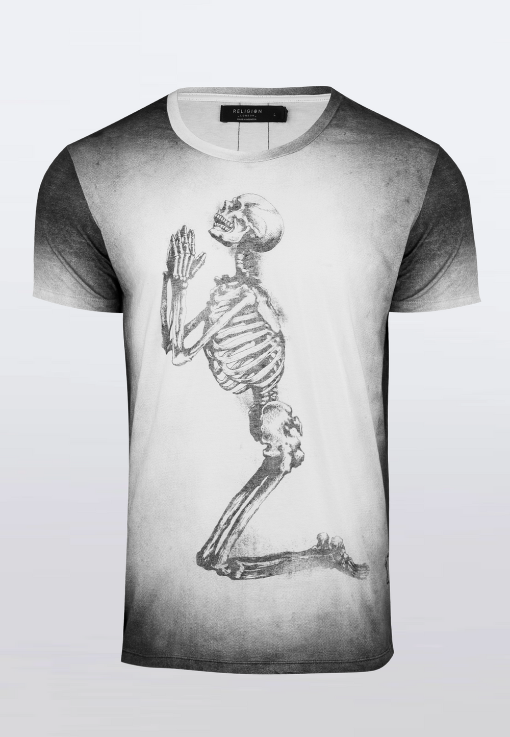 Religion Large Praying Skeleton Black Fade T Shirt