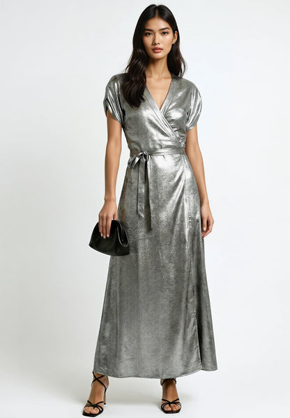 silver wrap dress RELIGION Fold Silver Maxi Wrap Dress