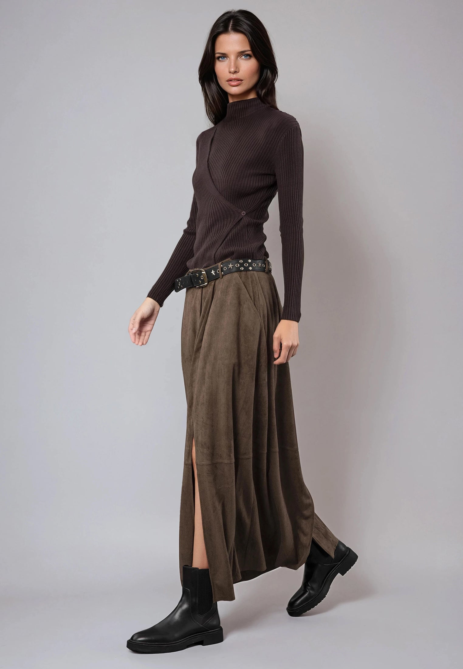◆ITZAVIBE◆ ISK0016 Cool Attitude Slit Skirt Brown ISK001-6 Mirabel Midi Skirt – Sozy