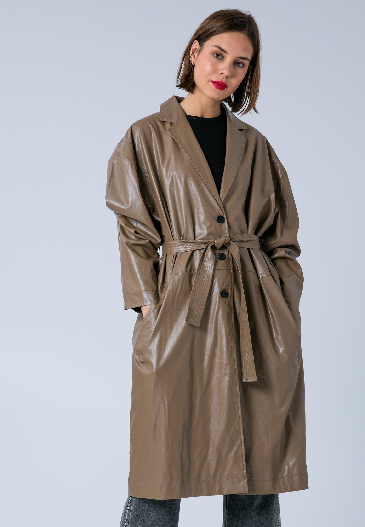 RELIGION Brown PU Belted Grace Trench Coat