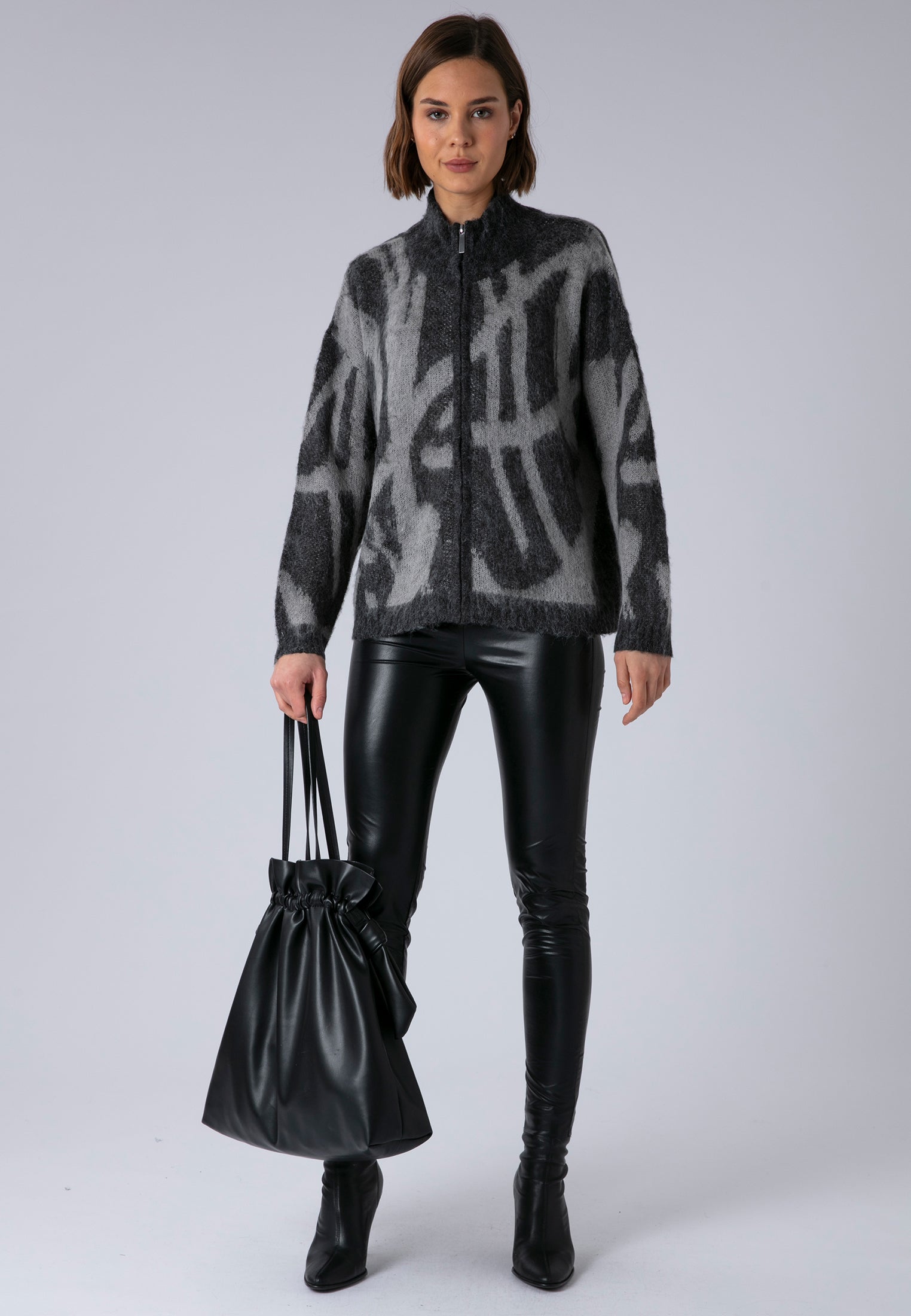 MAYA ZIP CARDIGAN CHARCOAL & TAUPE