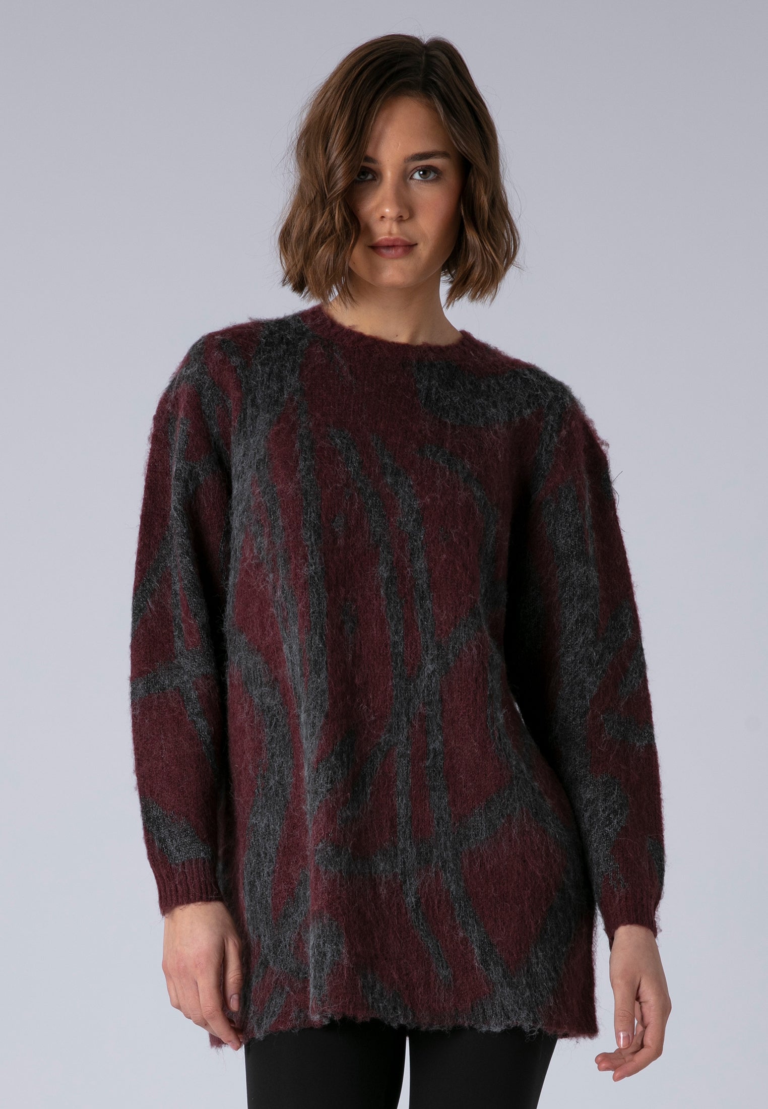 RELIGION Maya Charcoal And Port Abstract Printed Knit Jumper Dress RELIGION Maya Charcoal And Port Abstract Printed Knit Jumper Dress