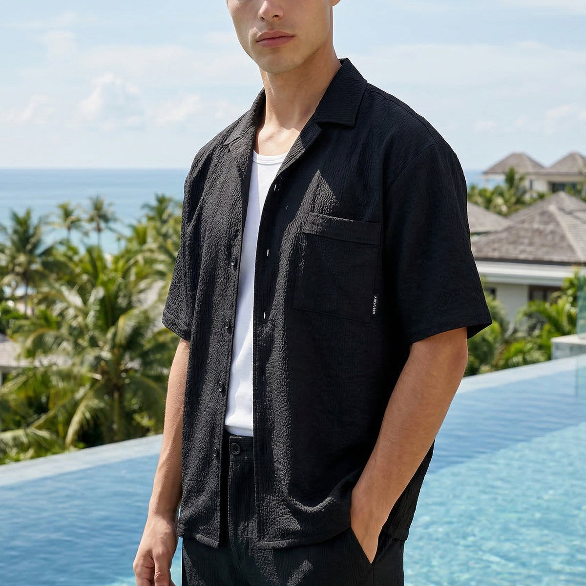 CRINKLE SHORT SLEEVE SHIRT BLACK, view 2