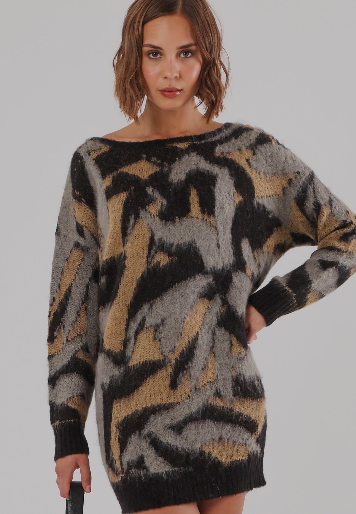 LAYLA DRESS BLACK & GREY & CAMEL