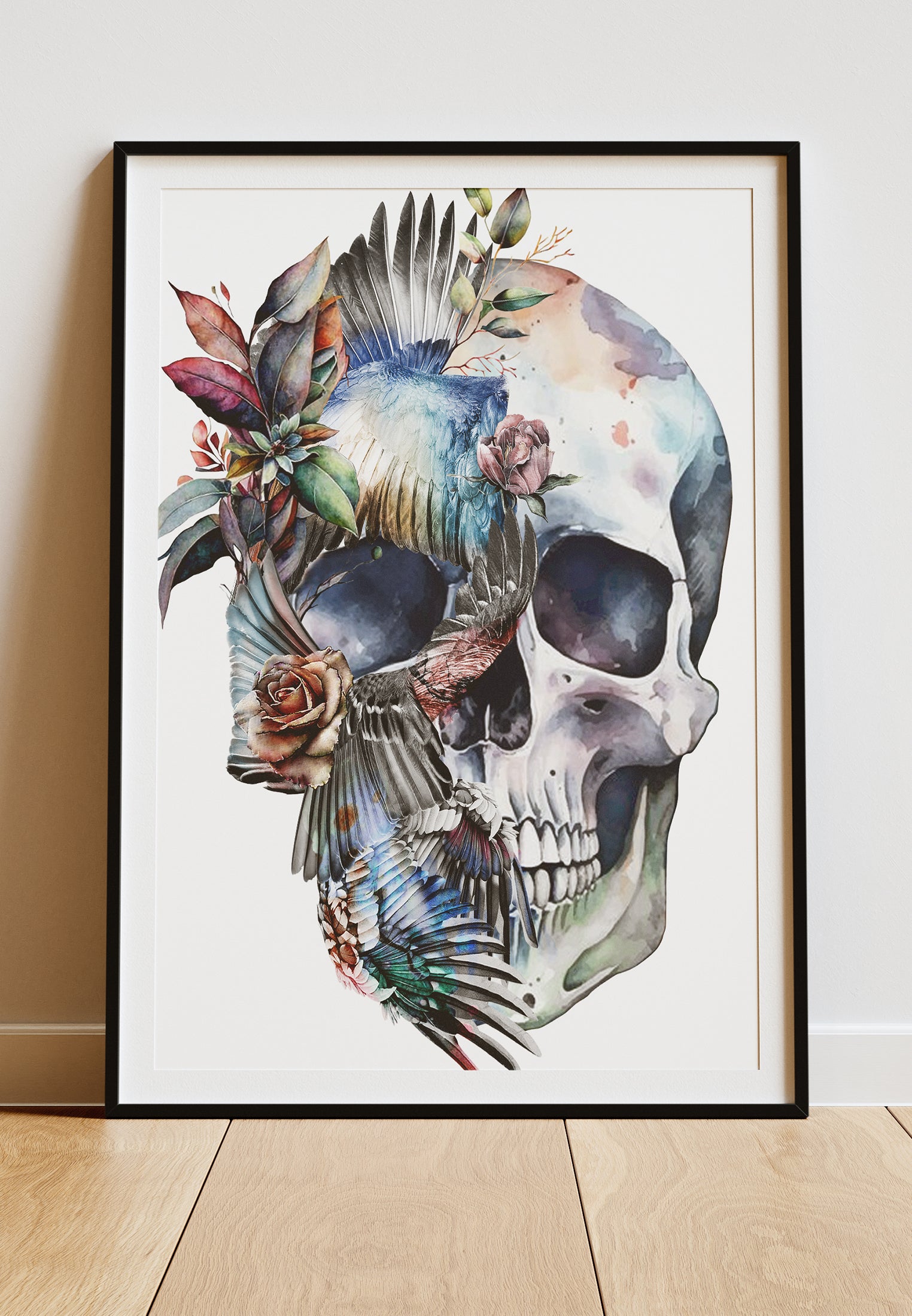 DIGITAL PRINT FLORAL WINGS SKULL ART POSTER WHITE