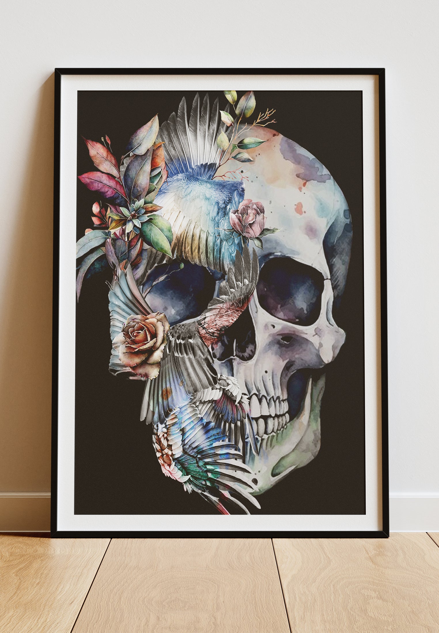 DIGITAL PRINT FLORAL WINGS SKULL ART POSTER BLACK