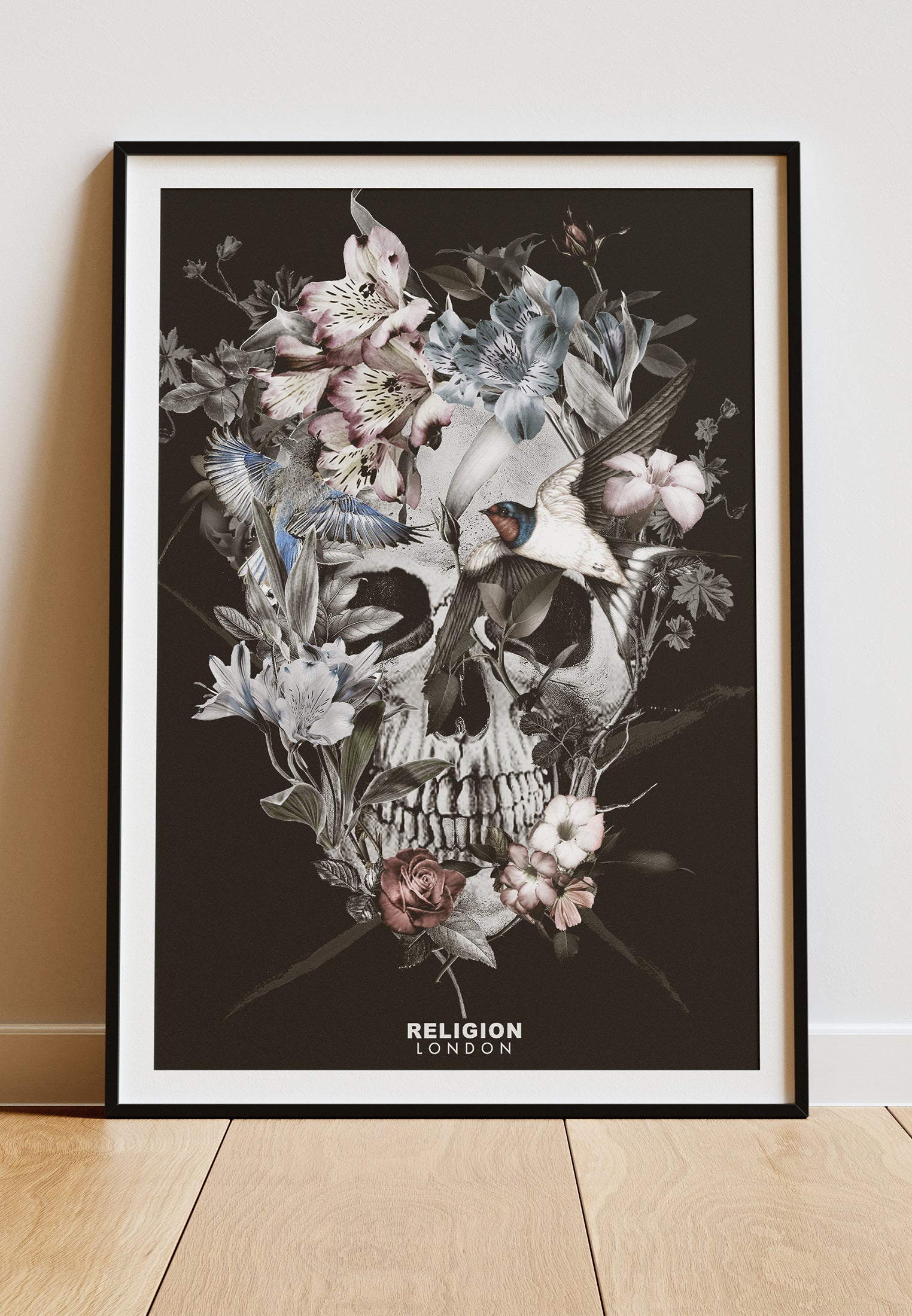 DIGITAL PRINT FLORAL SKULL ART POSTER BLACK