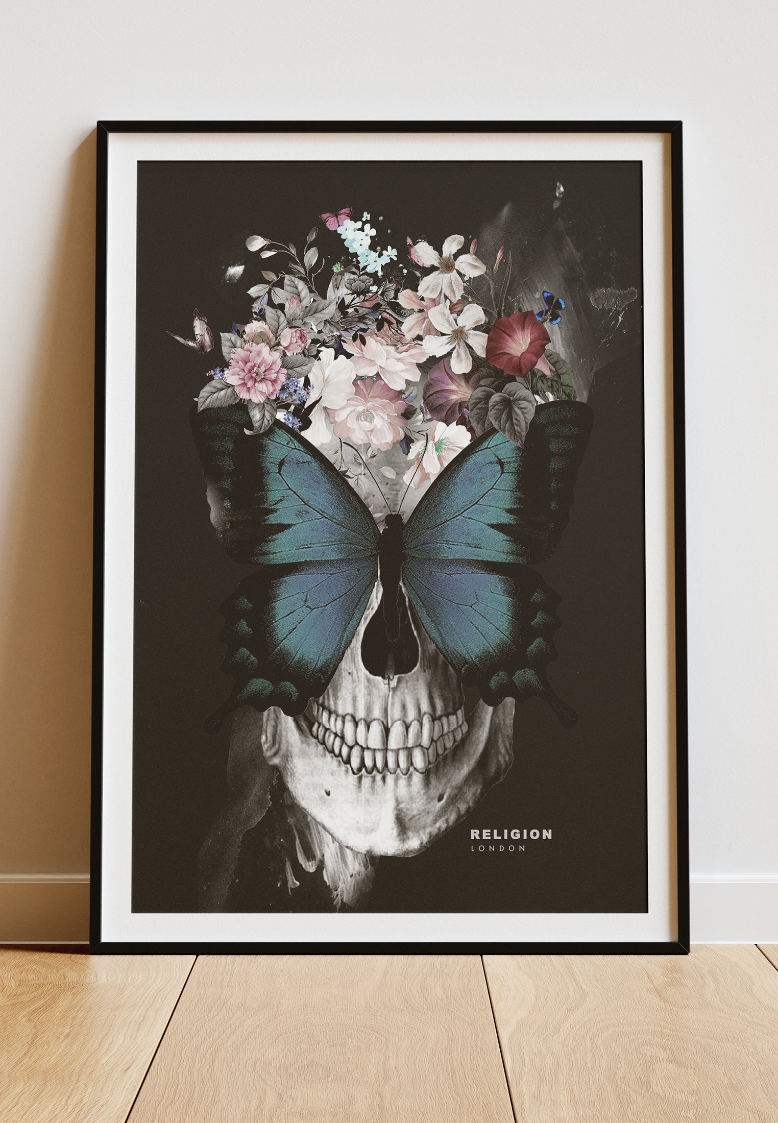 DIGITAL PRINT BUTTERFLY SKULL ART POSTER BLACK