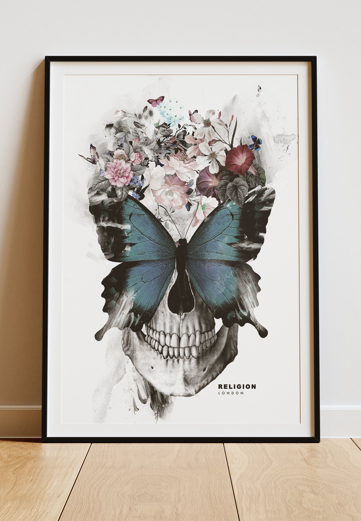 DIGITAL PRINT BUTTERFLY SKULL ART POSTER WHITE