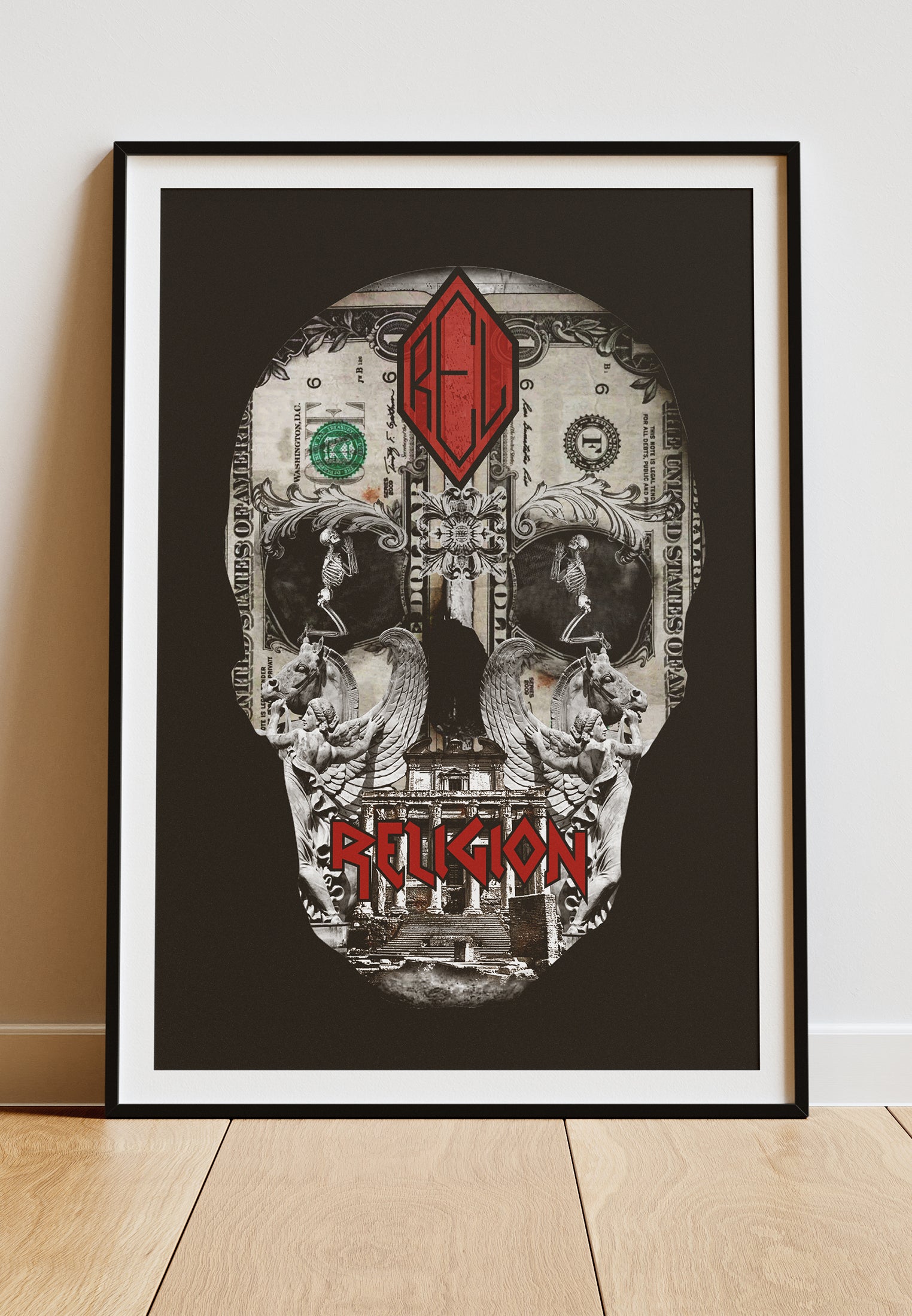 DIGITAL PRINT DOLLAR SKULL ART POSTER BLACK