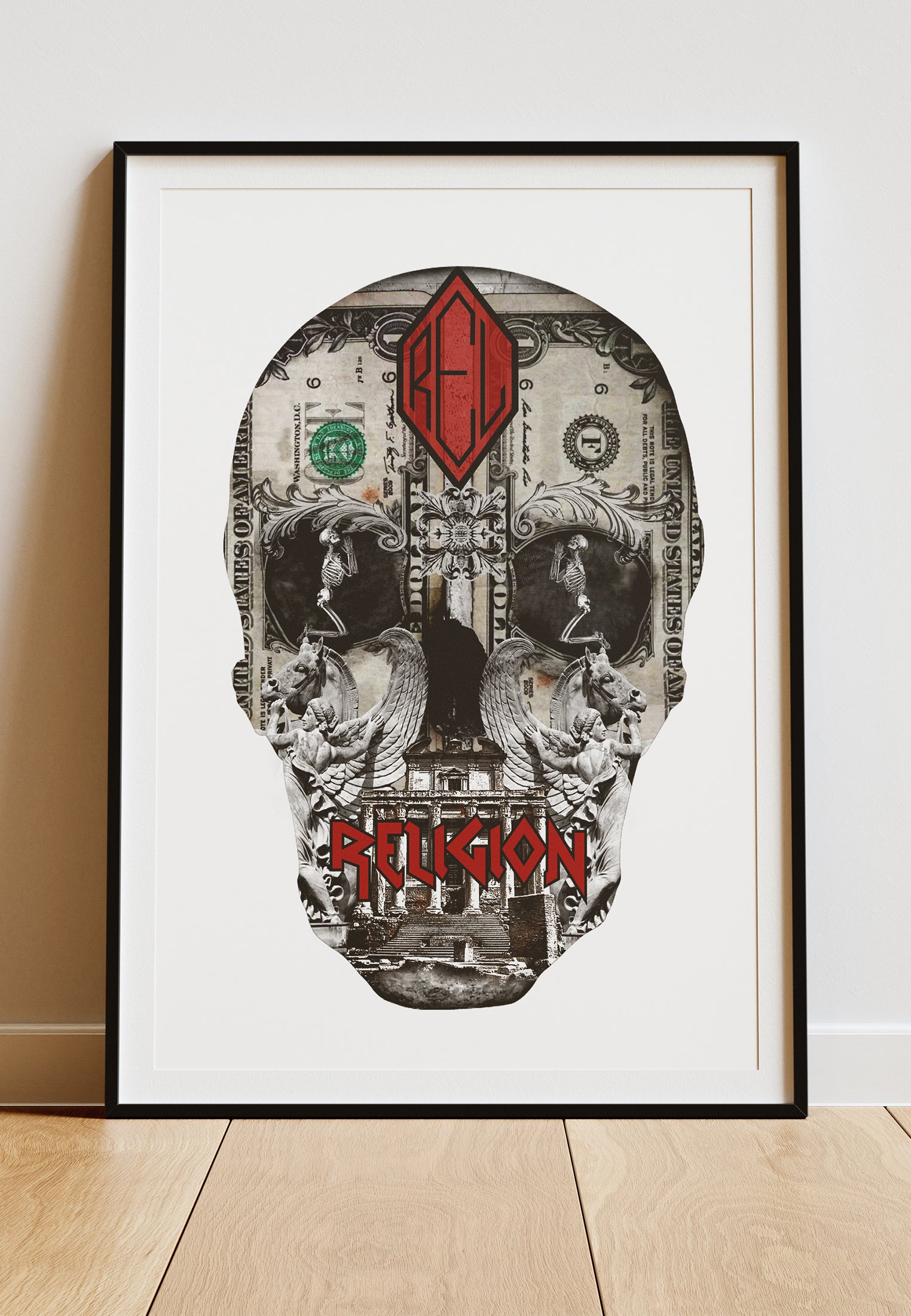 DIGITAL PRINT DOLLAR SKULL ART POSTER WHITE