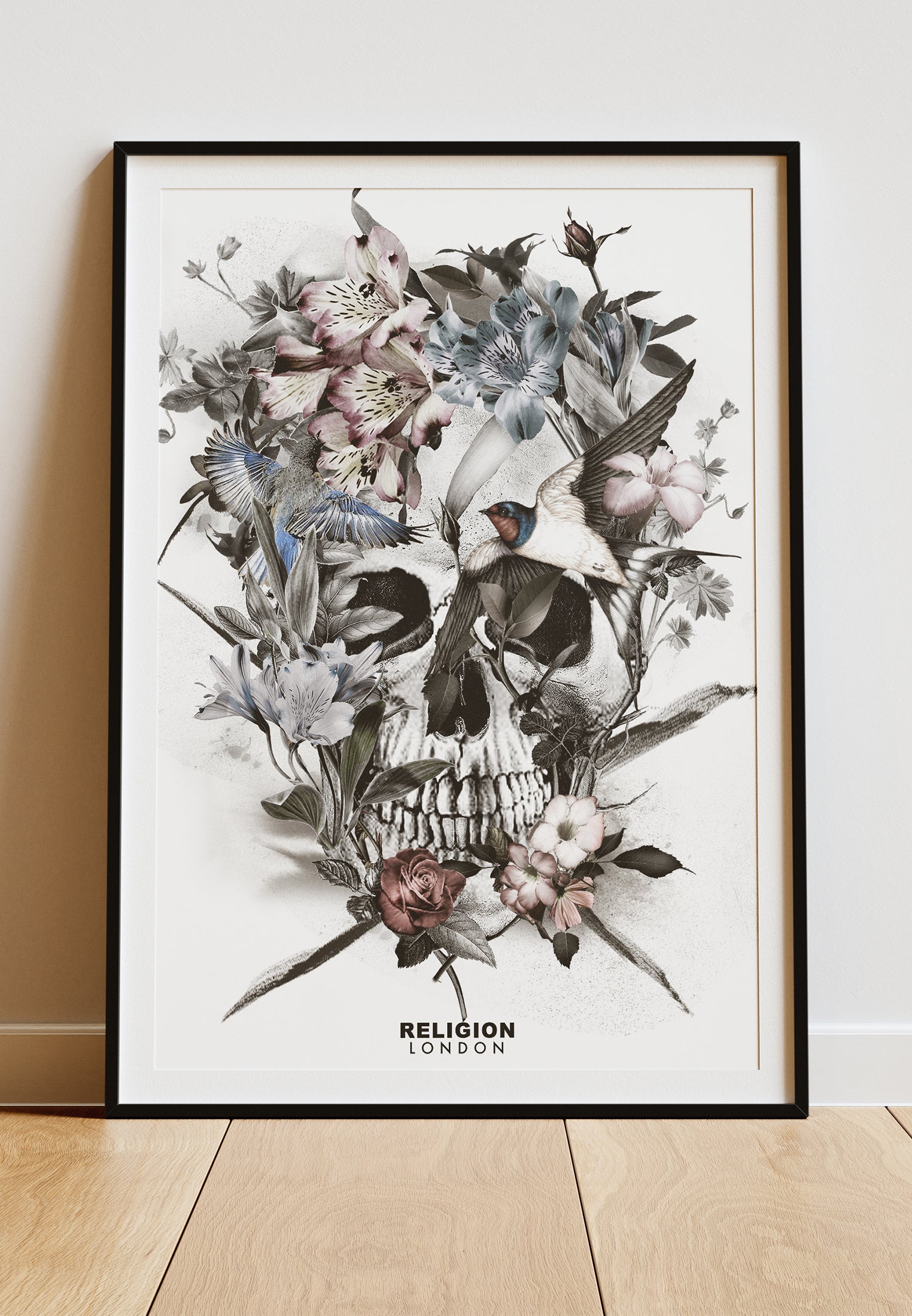 DIGITAL PRINT FLORAL SKULL ART POSTER WHITE