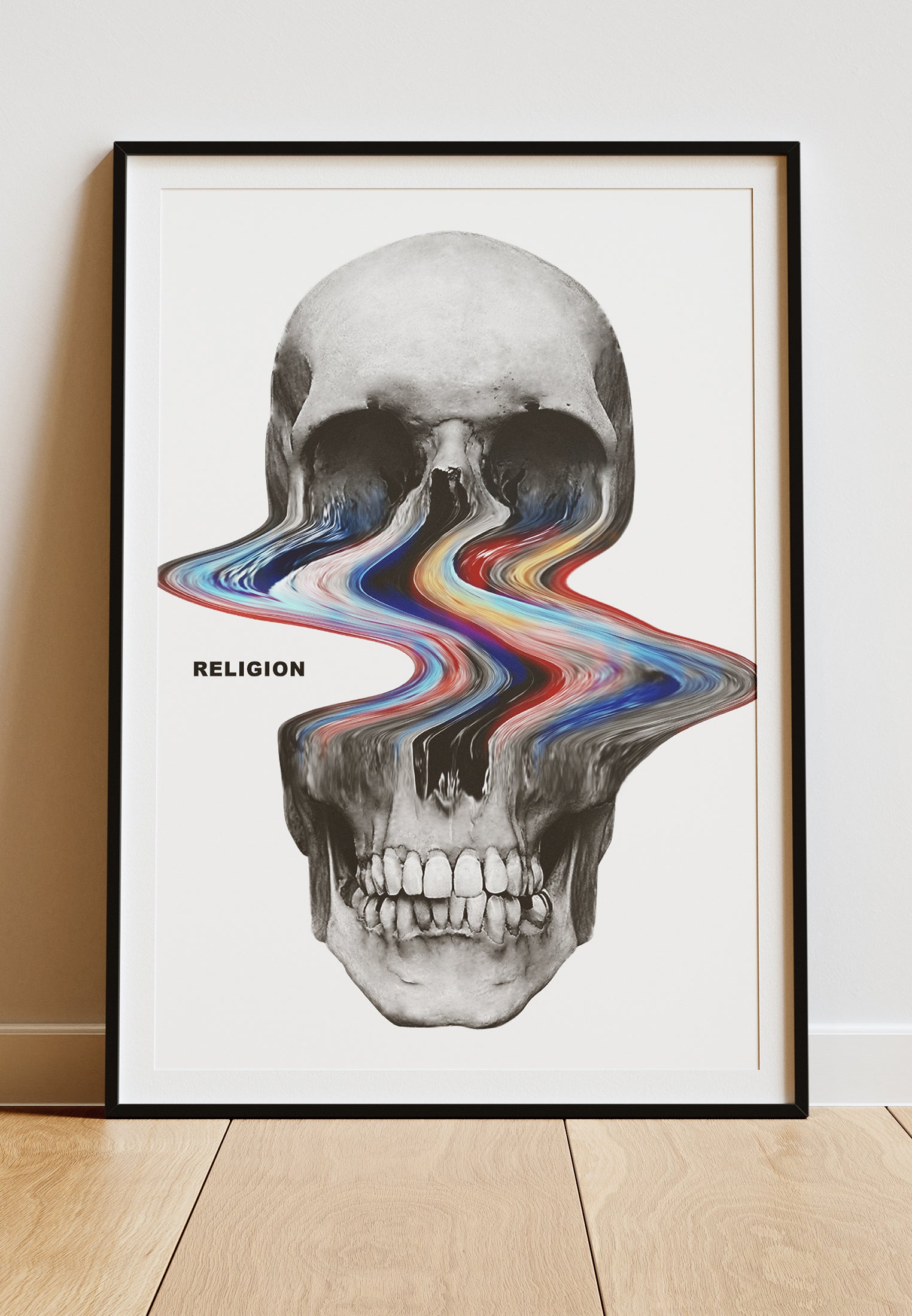 DIGITAL PRINT DISTORTED SKULL ART POSTER WHITE