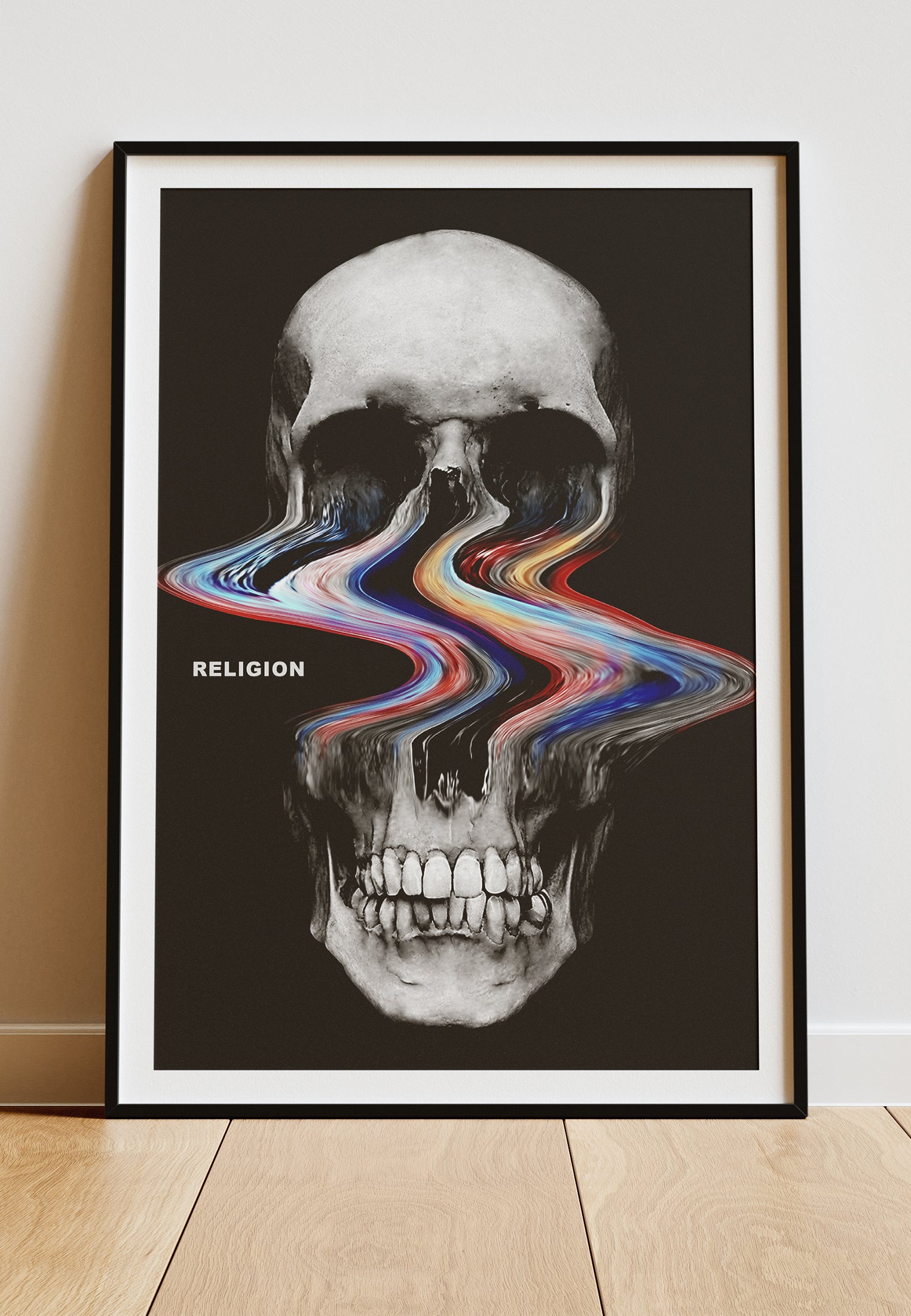 DIGITAL PRINT DISTORTED SKULL ART POSTER BLACK