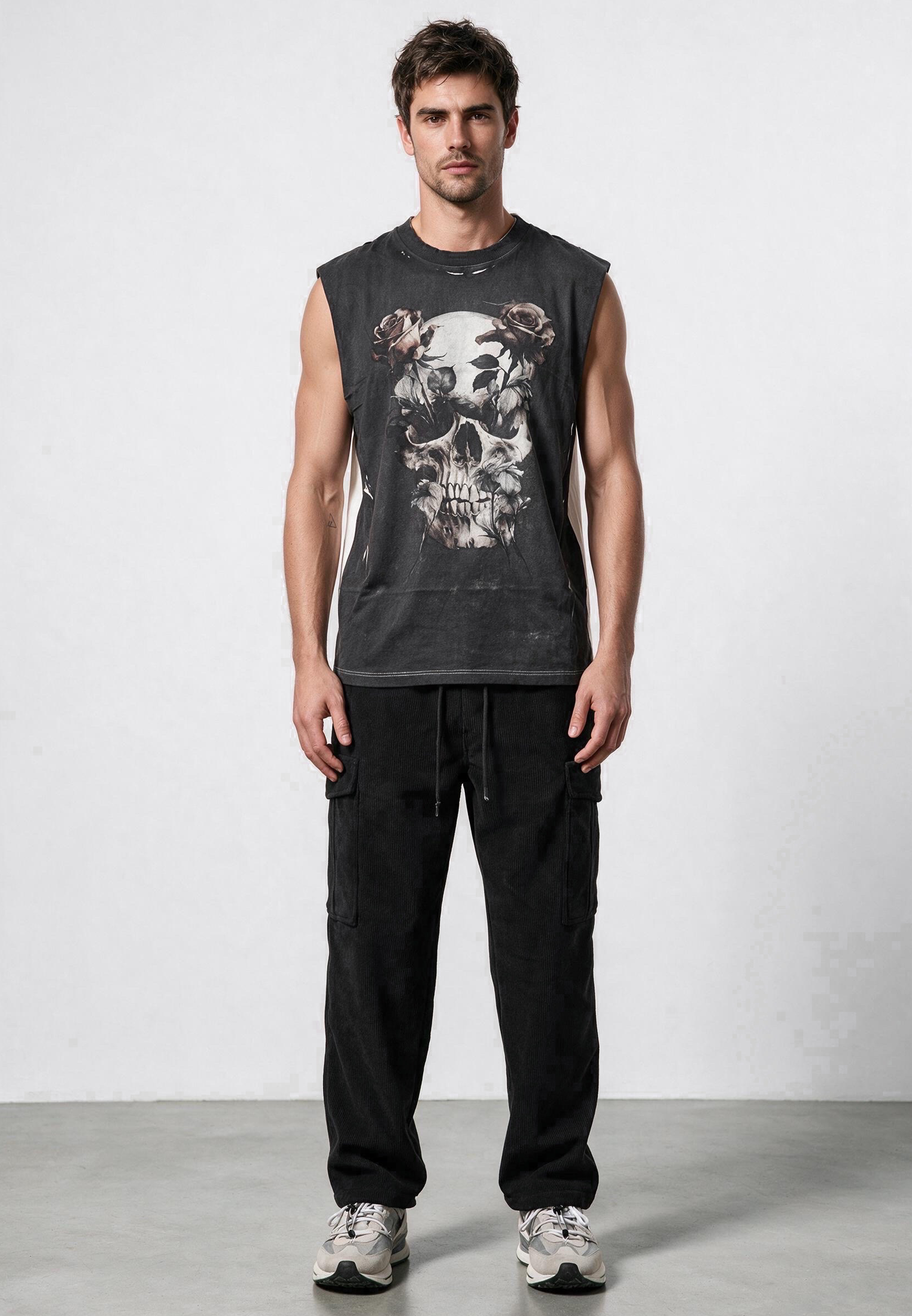 SKULL CROSS ROSE SLEEVELESS T-SHIRT WASHED BLACK