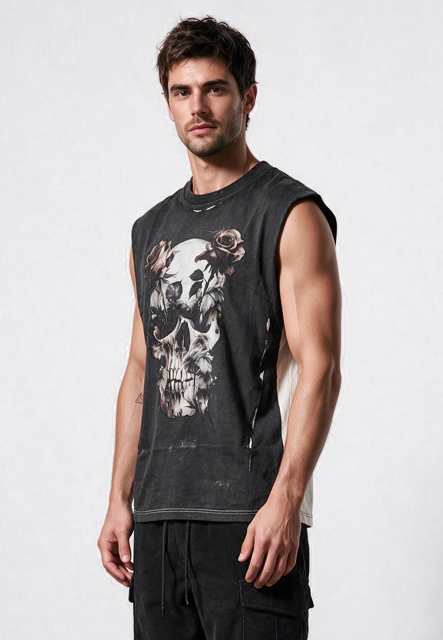 SKULL CROSS ROSE SLEEVELESS T-SHIRT WASHED BLACK