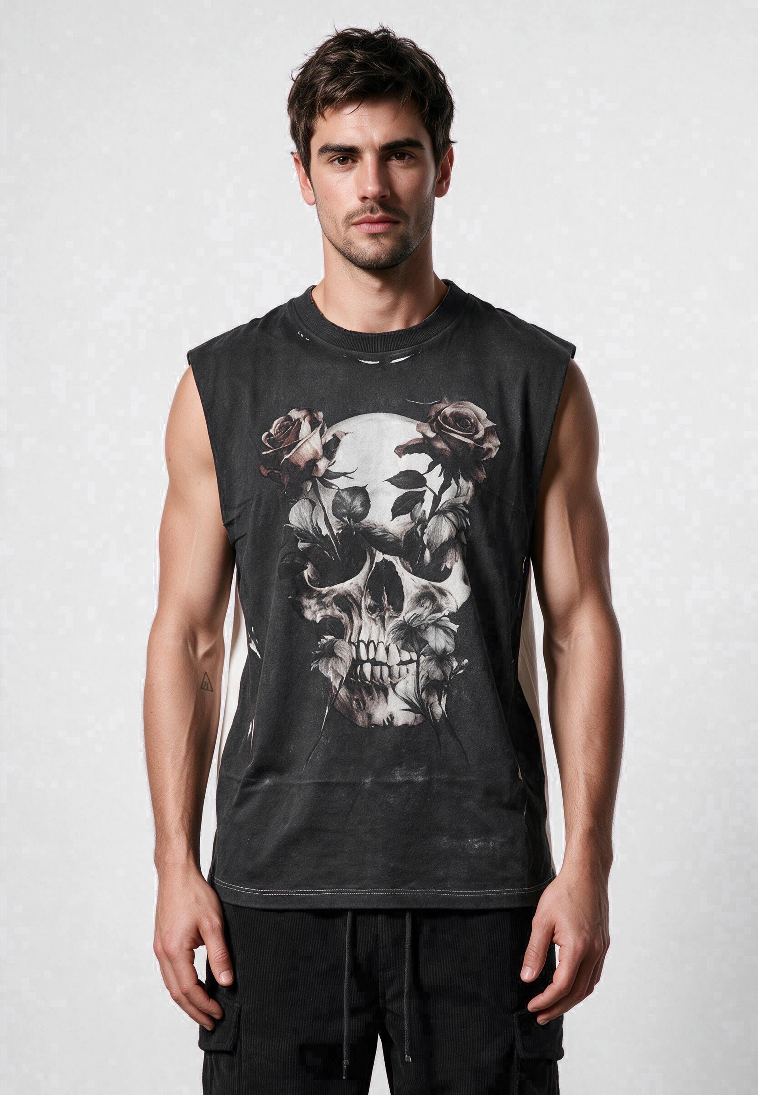 SKULL CROSS ROSE SLEEVELESS T-SHIRT WASHED BLACK