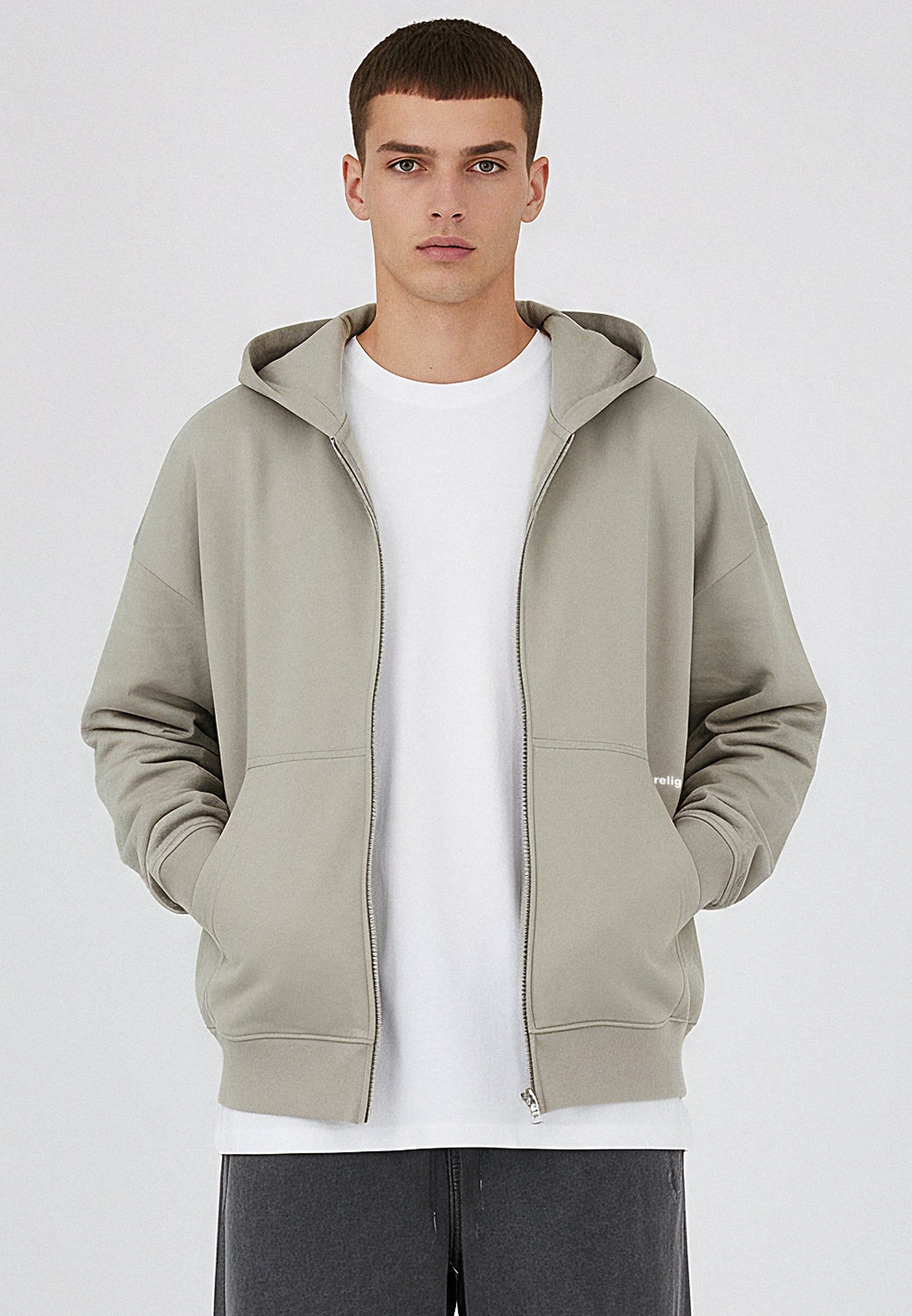 RELIGION Branded Zip Up Khaki Hoodie