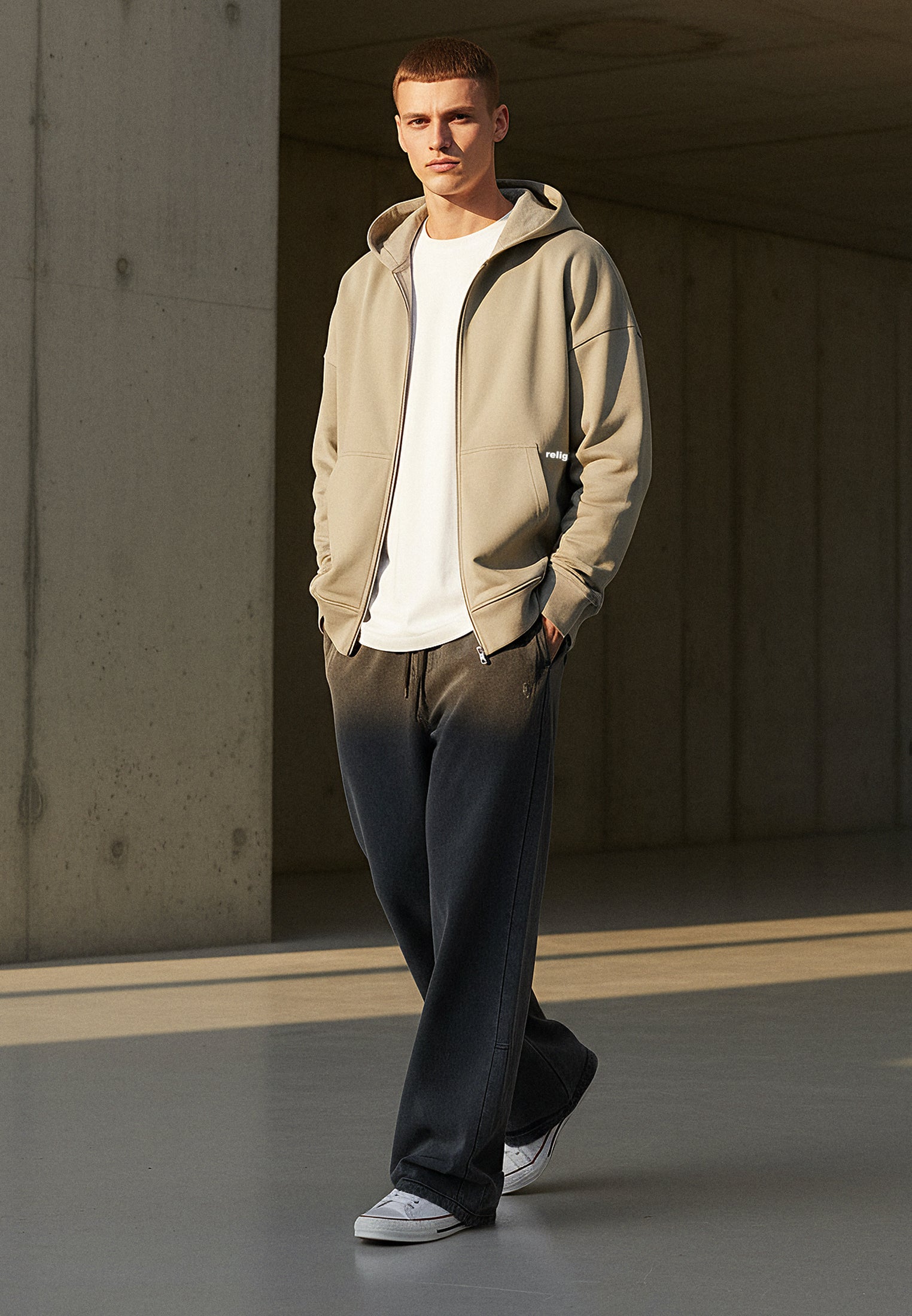 RELIGION Branded Zip Up Khaki Hoodie