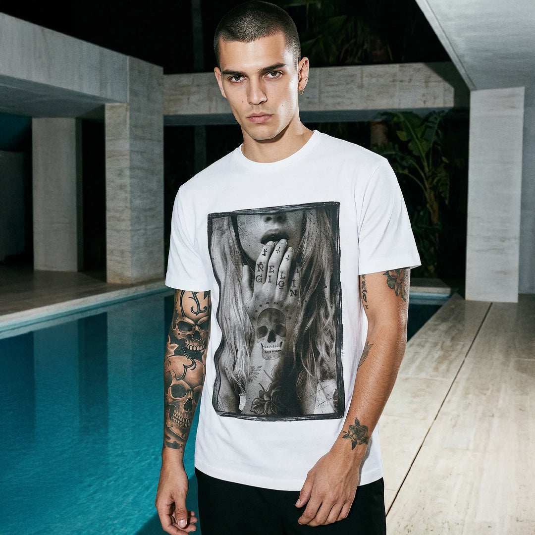 Sex & Religion Tシャツ　美品 RELIGION Music Sex And Cashin Cheques White Graphic T-Shirt