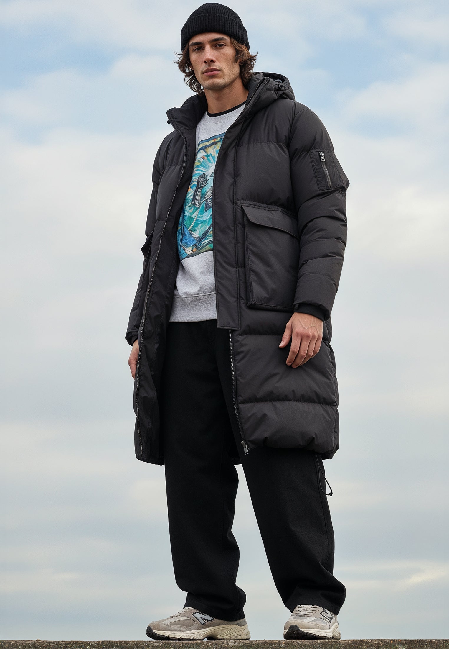 RELIGION Voyager Black Mid Length Padded Parker Coat
