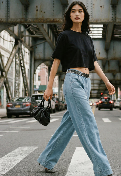 Black cropped boxy T-shirt styled with wide light-wash jeans