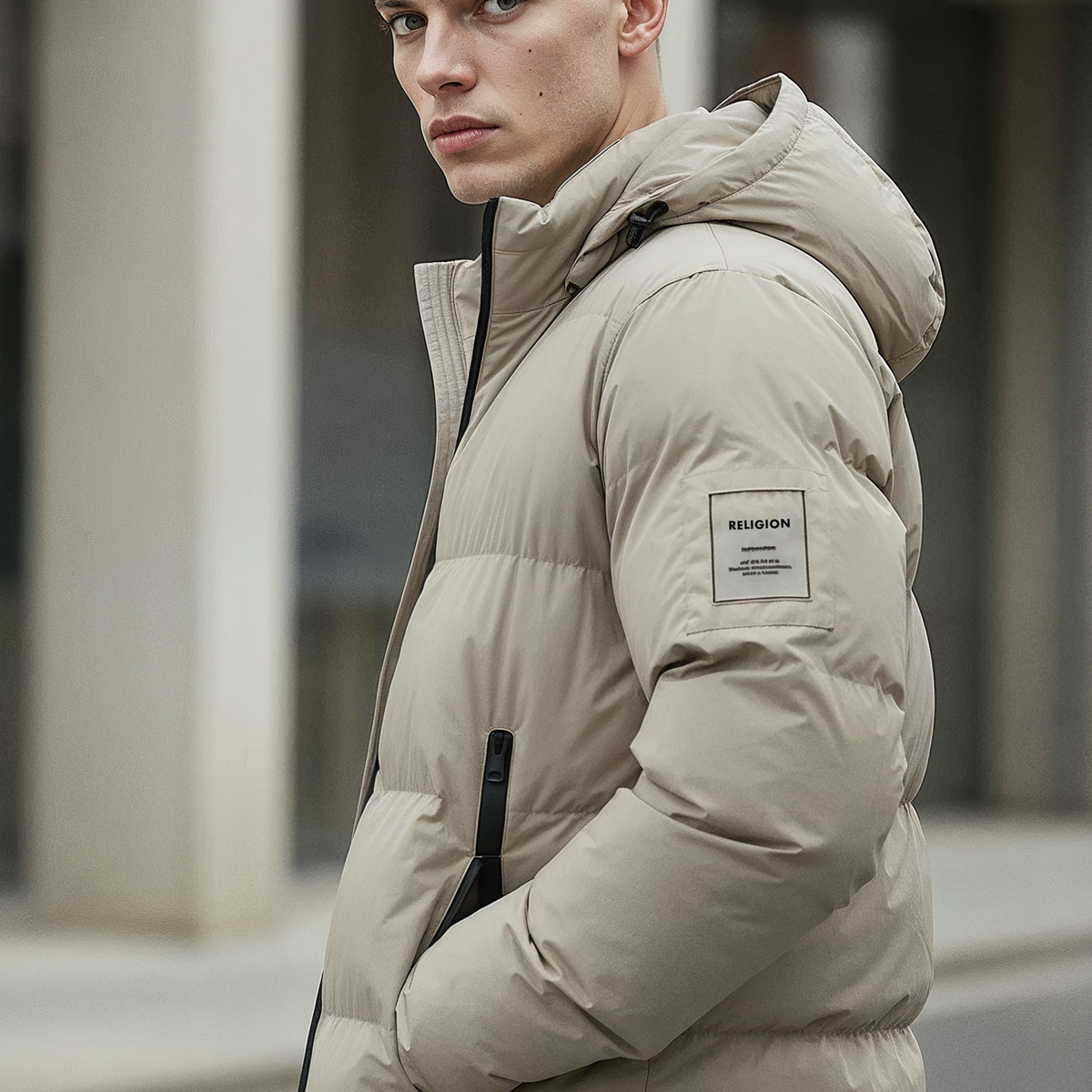 RELIGION Performance Puffer Jacket Tan