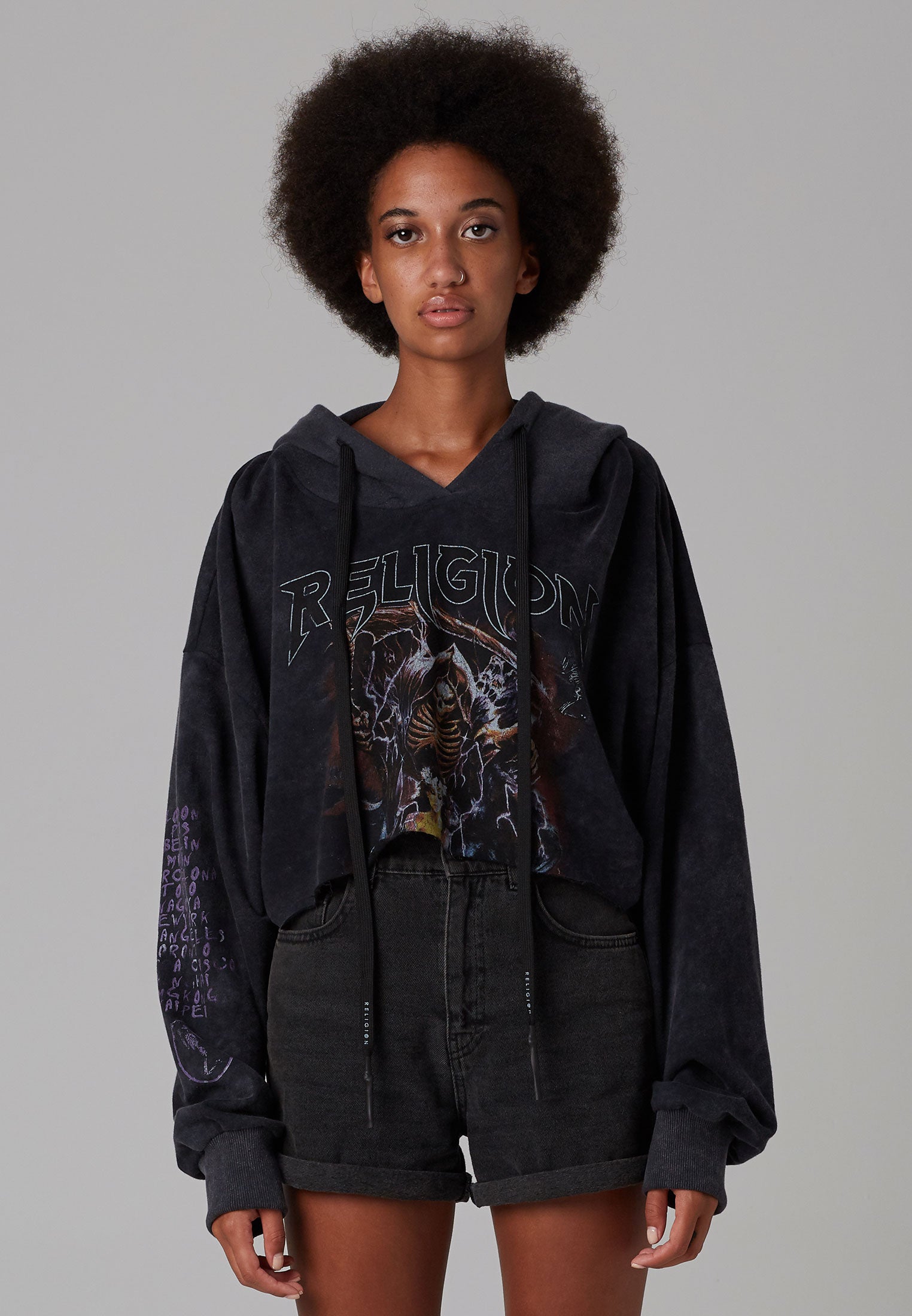 RELIGION ARMY CROP HOODIE VINTAGE BLACK