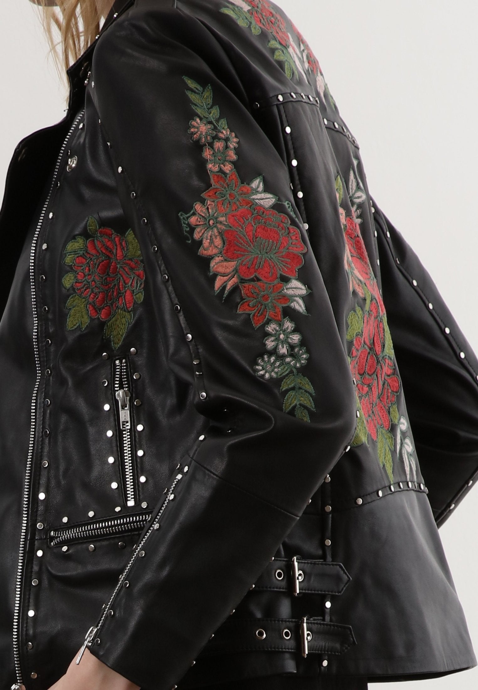 Black leather jacket 2024 with floral embroidery