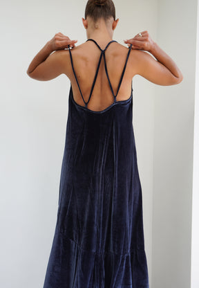 RELIGION Moonlight Dark Blue Velvet Maxi Dress